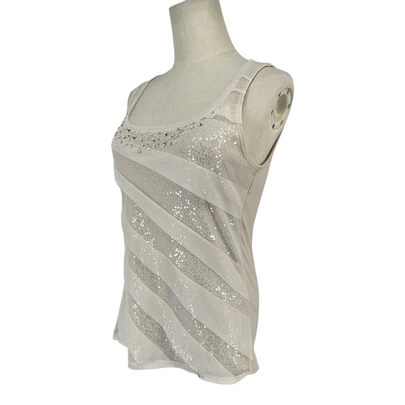 White House Black Market Sequin Mesh Tank Top White Small Scoop Neck Sleeveless - Picture 3 of 9